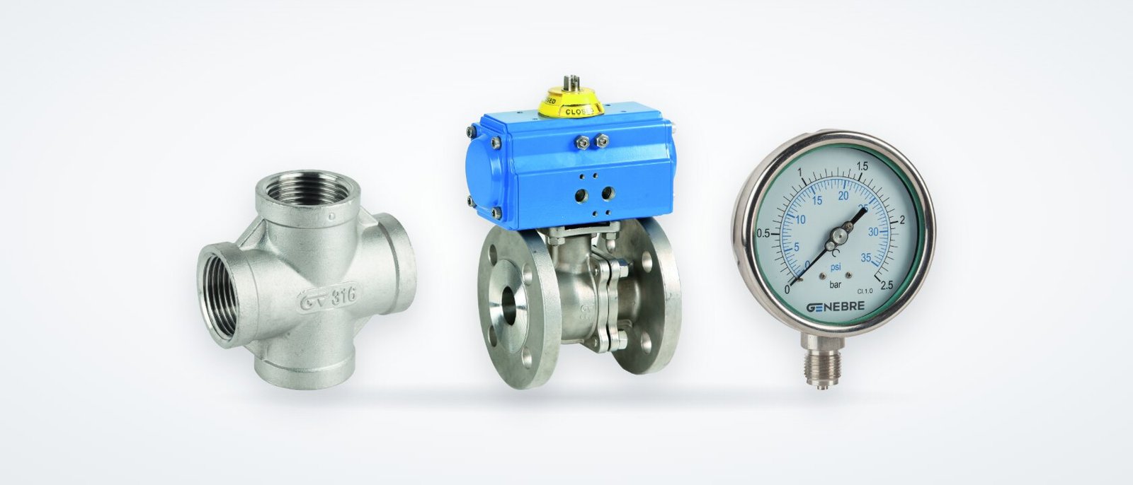 Produtos Genebre da linha industrial: acessório inox, válvula de esfera com atuador pneumático e manómetro
